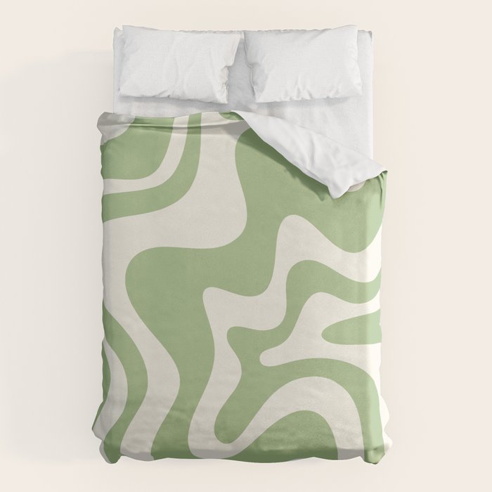 Retro Liquid Swirl Abstract Pattern in Light Sage Green and Cream Duvet Cover Gallery Image 6