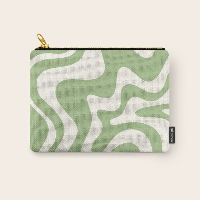 Retro Liquid Swirl Abstract Pattern in Light Sage Green and Cream Carry All Pouch Gallery Image 1