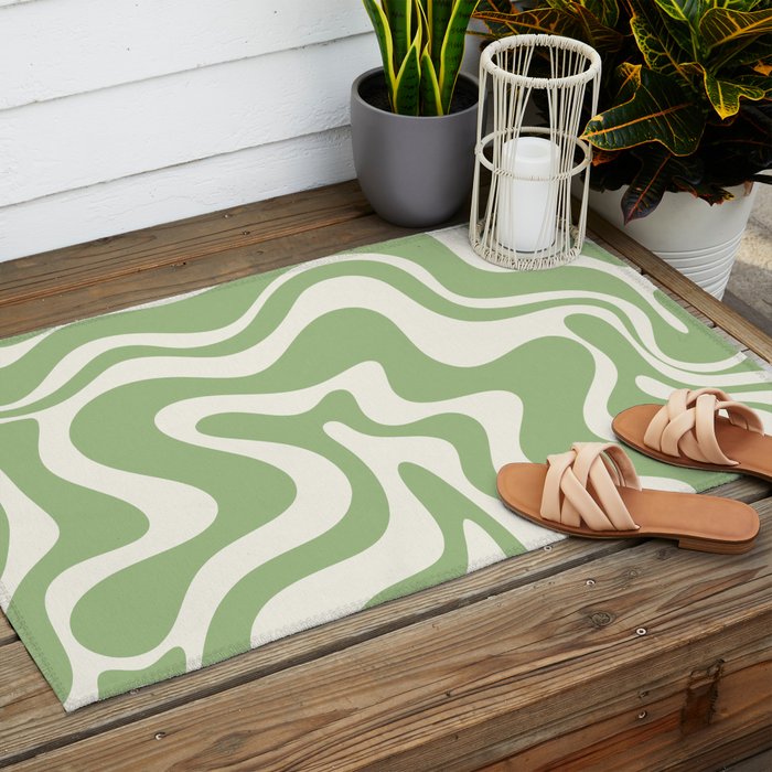 Retro Liquid Swirl Abstract Pattern in Light Sage Green and Cream Outdoor Rug Gallery Image 2