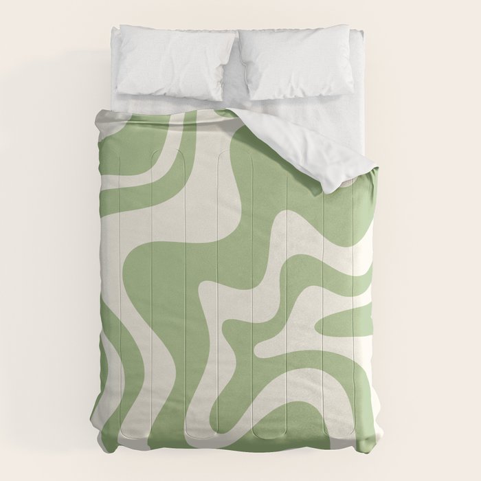 Retro Liquid Swirl Abstract Pattern in Light Sage Green and Cream Comforter Gallery Image 6