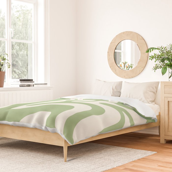 Retro Liquid Swirl Abstract Pattern in Light Sage Green and Cream Duvet Cover Gallery Image 2