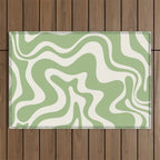 Retro Liquid Swirl Abstract Pattern in Light Sage Green and Cream Outdoor Rug Gallery Image 1