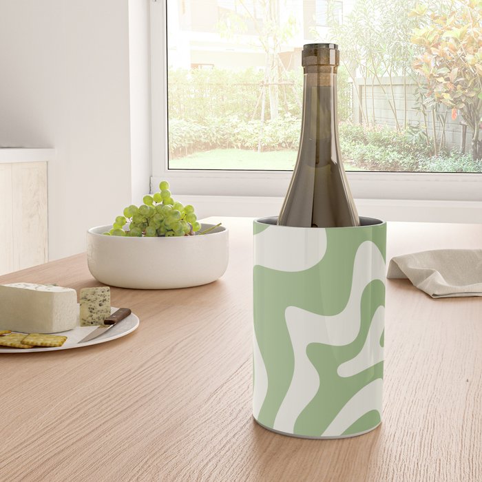 Retro Liquid Swirl Abstract Pattern in Light Sage Green and Cream Wine Chiller Gallery Image 4