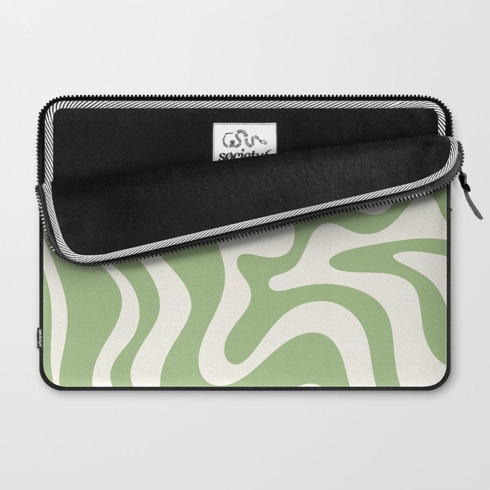 Retro Liquid Swirl Abstract Pattern in Light Sage Green and Cream Laptop Sleeve Gallery Image 2