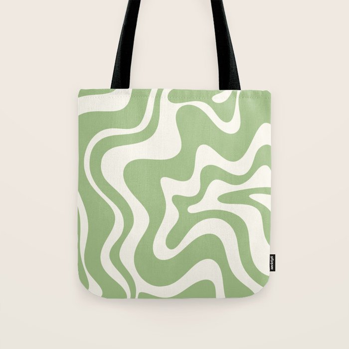 Retro Liquid Swirl Abstract Pattern in Light Sage Green and Cream Tote Bag Gallery Image 1