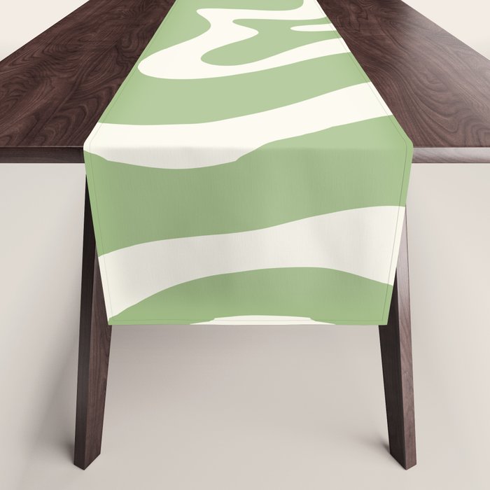 Retro Liquid Swirl Abstract Pattern in Light Sage Green and Cream Table Runner Gallery Image 1