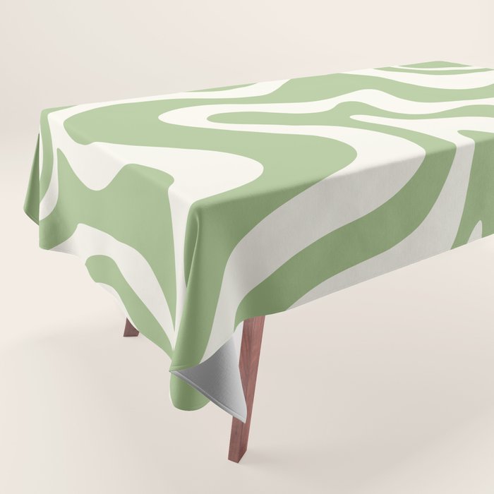 Retro Liquid Swirl Abstract Pattern in Light Sage Green and Cream Tablecloth Gallery Image 1