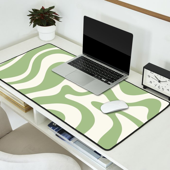 Retro Liquid Swirl Abstract Pattern in Light Sage Green and Cream Desk Mat Gallery Image 2