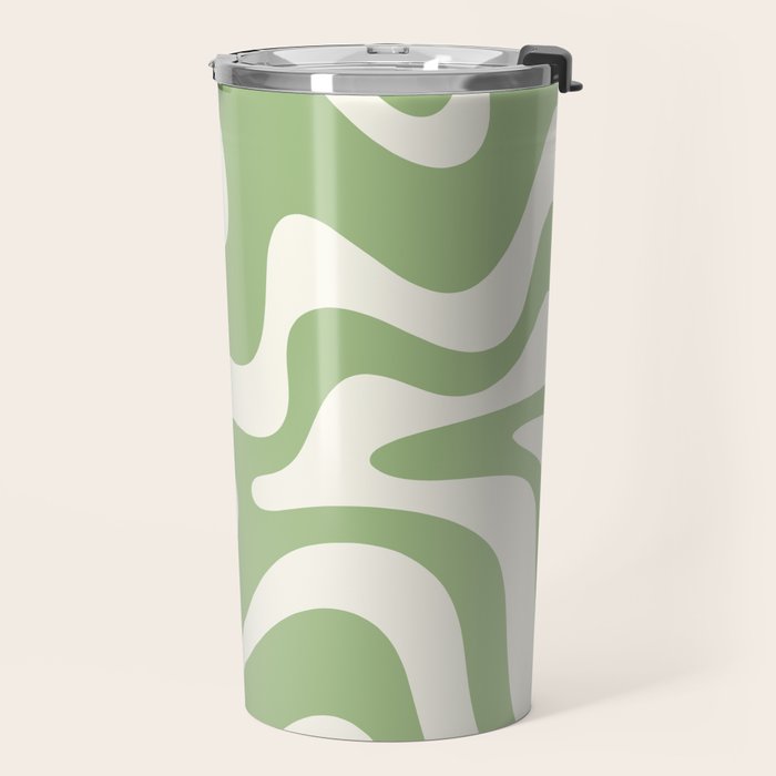 Retro Liquid Swirl Abstract Pattern in Light Sage Green and Cream Travel Mug Gallery Image 2