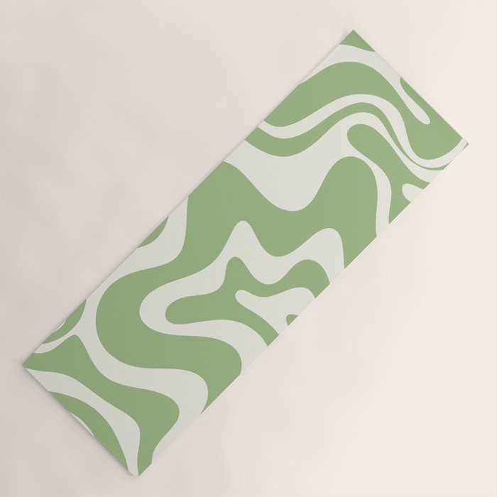 Retro Liquid Swirl Abstract Pattern in Light Sage Green and Cream Yoga Mat Gallery Image 1