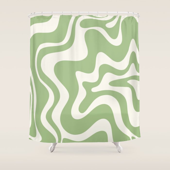 Retro Liquid Swirl Abstract Pattern in Light Sage Green and Cream Shower Curtain Gallery Image 1