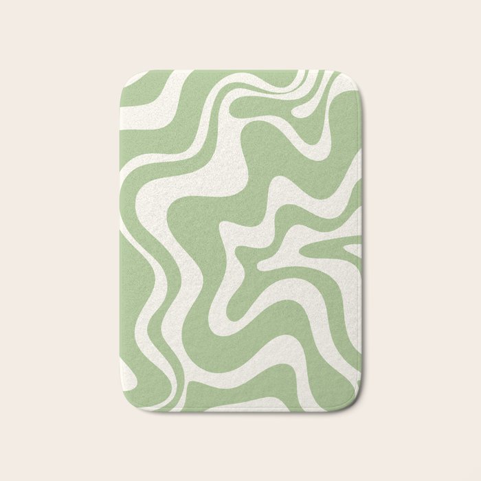 Retro Liquid Swirl Abstract Pattern in Light Sage Green and Cream Bath Mat Gallery Image 1