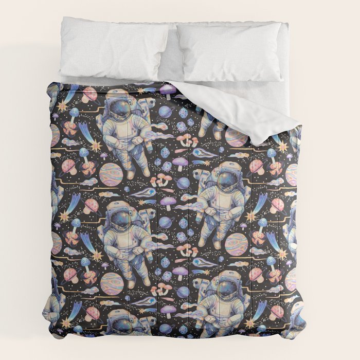 Spaceman Fungi Planets - black Comforter Gallery Image 2