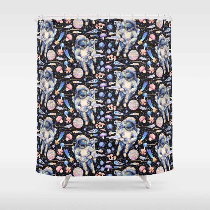 Spaceman Fungi Planets - black Shower Curtain Gallery Image 1