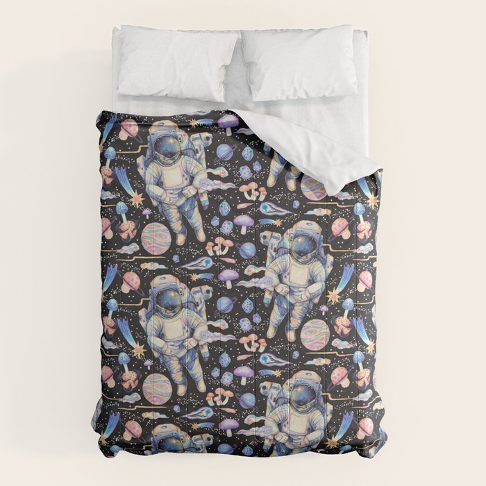 Spaceman Fungi Planets - black Comforter Gallery Image 6