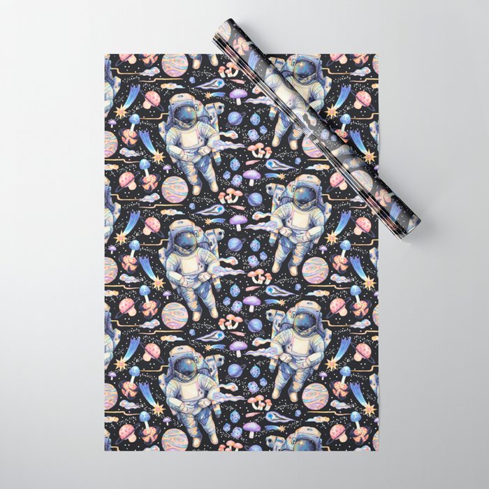 Spaceman Fungi Planets - black Wrapping Paper Gallery Image 1