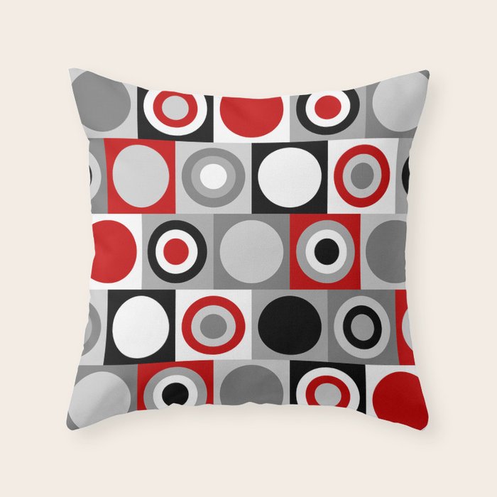 Mid Century Modern Geometric Square and Circle Pattern // Red, Gray, Black and White Throw Pillow Gallery Image 6