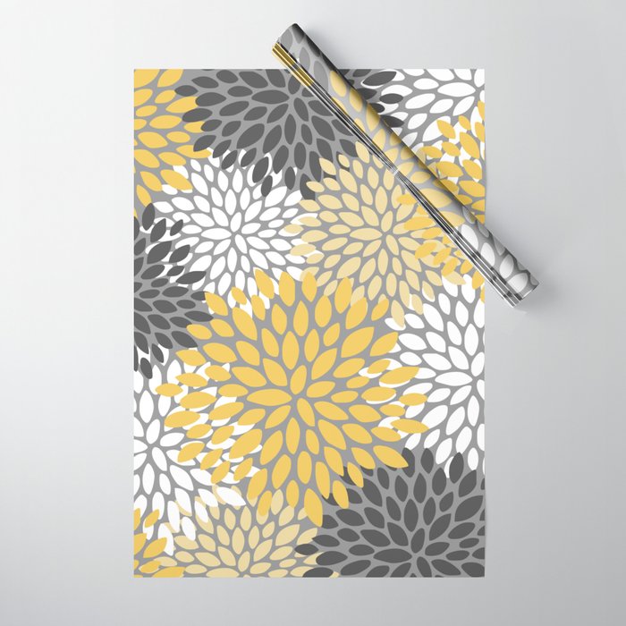 Modern Elegant Chic Floral Pattern, Soft Yellow, Gray, White Wrapping Paper Gallery Image 1