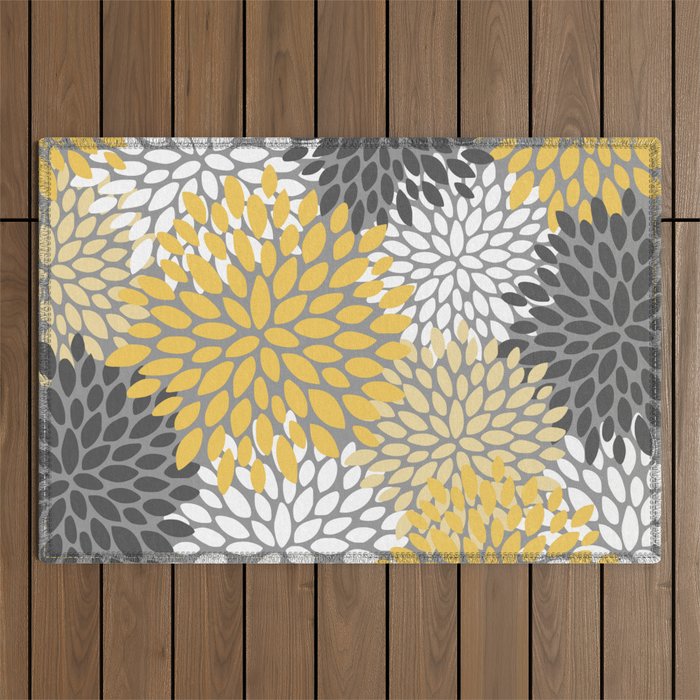 Modern Elegant Chic Floral Pattern, Soft Yellow, Gray, White Outdoor Rug Gallery Image 1