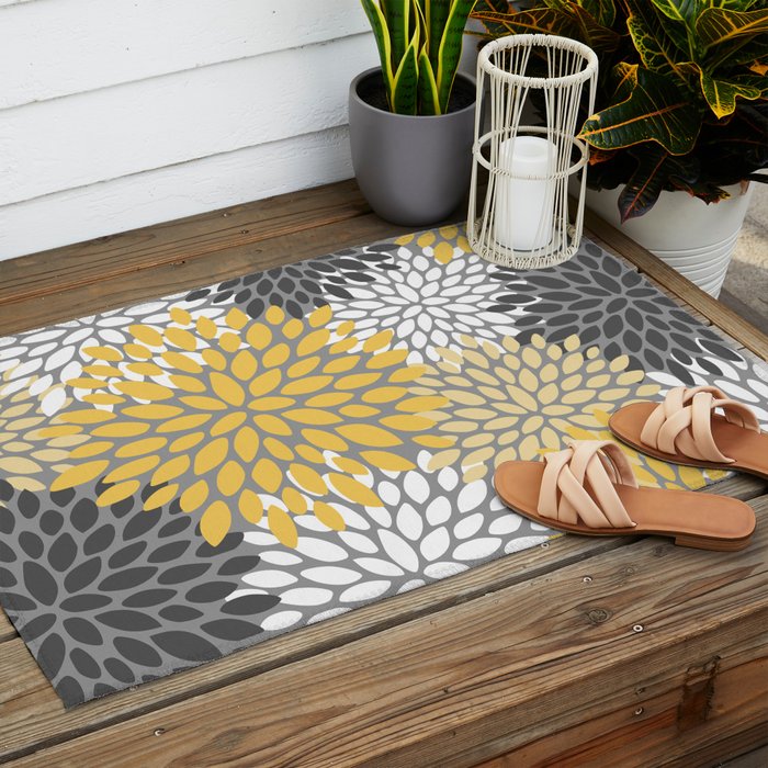 Modern Elegant Chic Floral Pattern, Soft Yellow, Gray, White Outdoor Rug Gallery Image 2