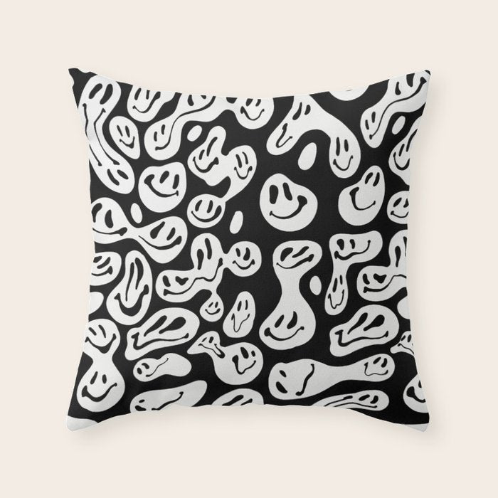 Black and White Dripping Smiley Throw Pillow Gallery Image 1