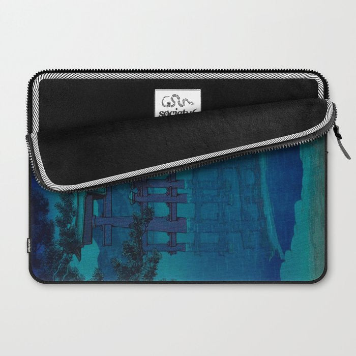 Japanese Woodblock print Torii In The Lake During Night Blue Monochromatic Laptop Sleeve Gallery Image 2