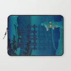Japanese Woodblock print Torii In The Lake During Night Blue Monochromatic Laptop Sleeve Gallery Image 1