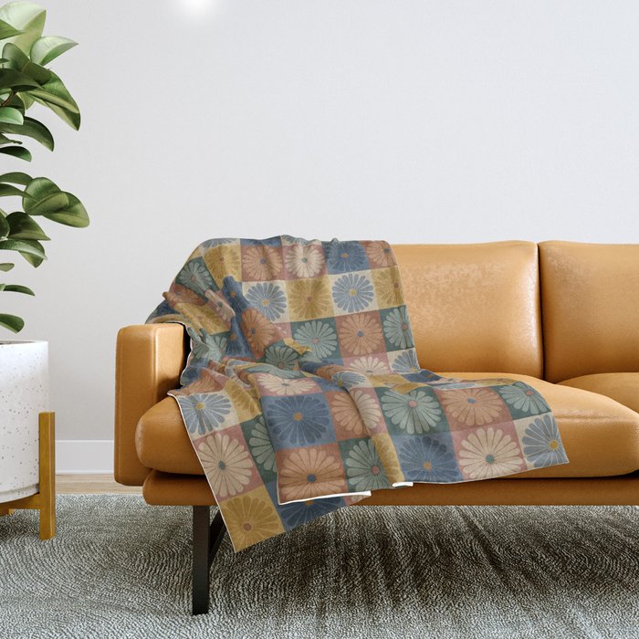 Retro Flowers Check Pattern IX Throw Blanket Gallery Image 1