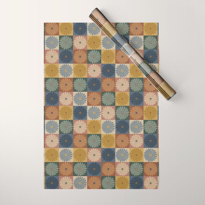 Retro Flowers Check Pattern IX Wrapping Paper Gallery Image 1