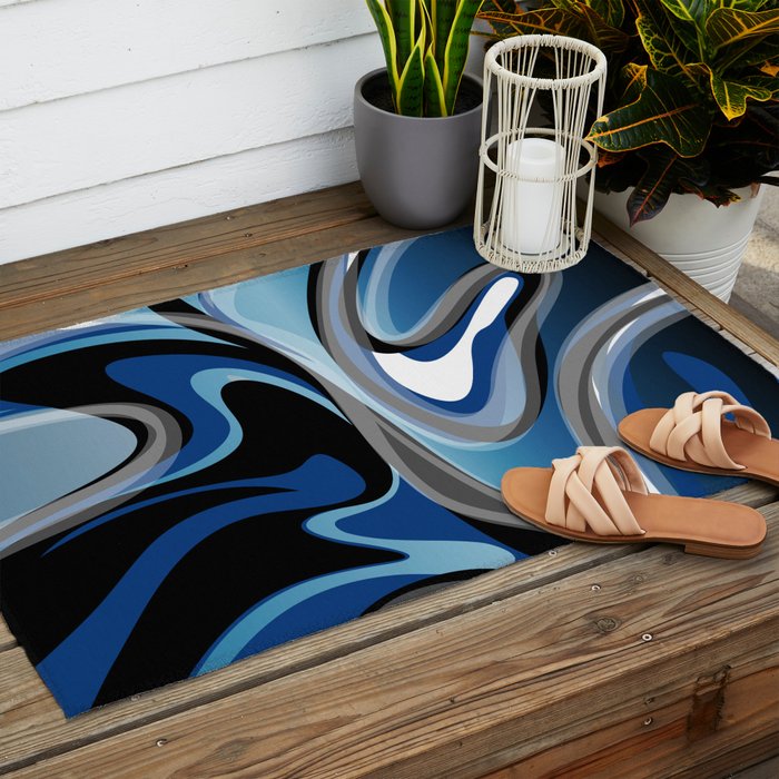 Liquify in Denim, Navy Blue, Black, White // Version 2 Outdoor Rug Gallery Image 2