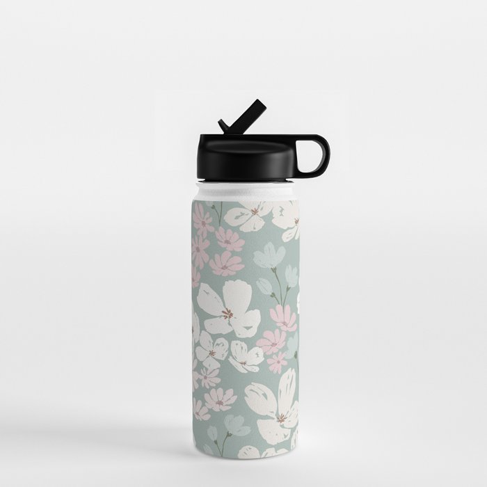 Soft meadow blooms - muted mint, dusty green, pink and beige floral pattern Water Bottle Gallery Image 1