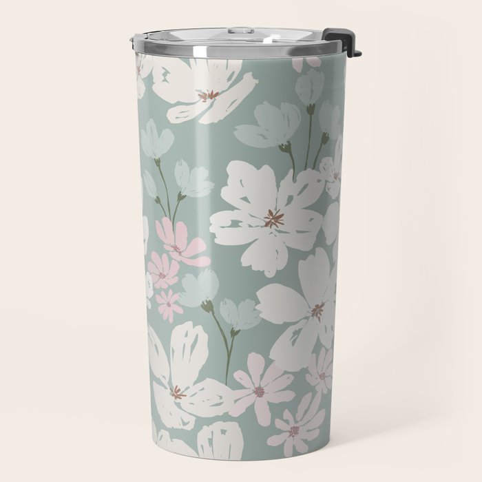 Soft meadow blooms - muted mint, dusty green, pink and beige floral pattern Travel Mug Gallery Image 2