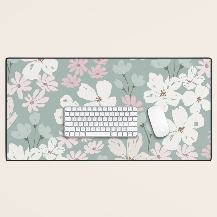 Soft meadow blooms - muted mint, dusty green, pink and beige floral pattern Desk Mat Gallery Image 1