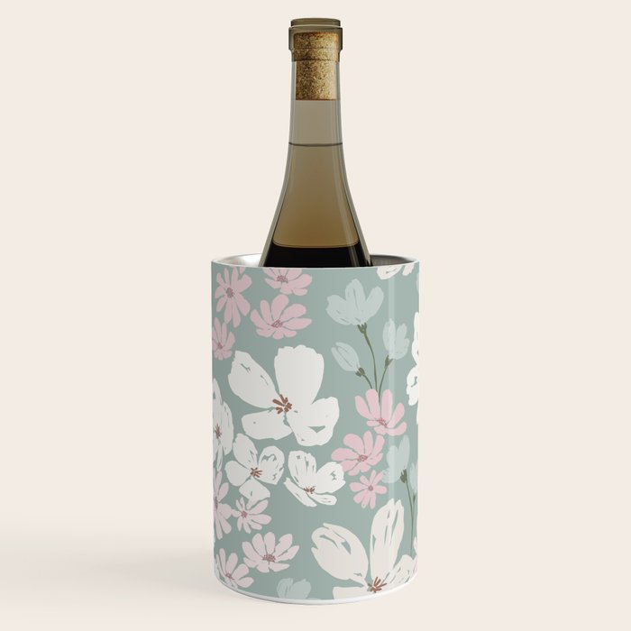 Soft meadow blooms - muted mint, dusty green, pink and beige floral pattern Wine Chiller Gallery Image 1
