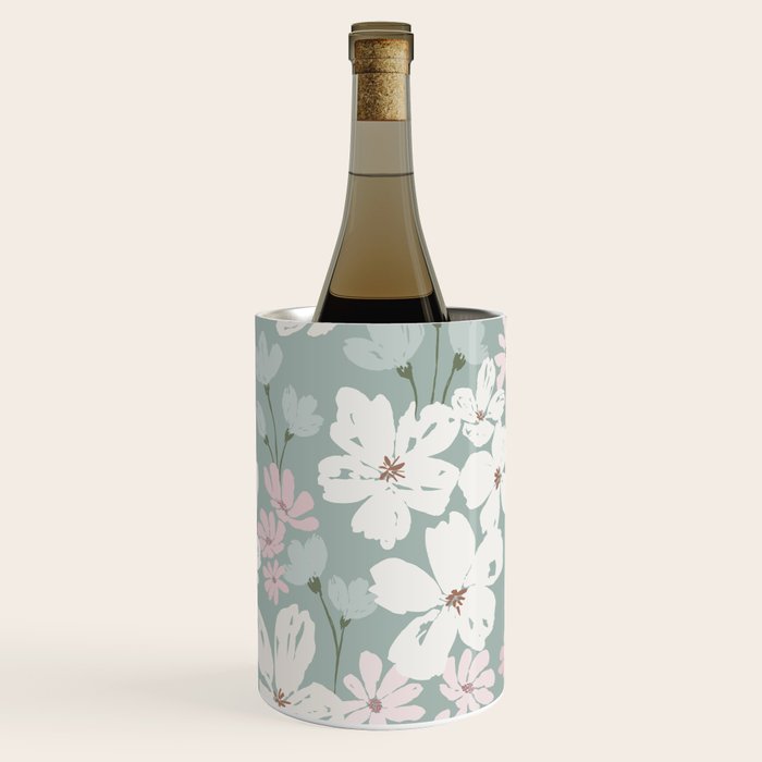 Soft meadow blooms - muted mint, dusty green, pink and beige floral pattern Wine Chiller Gallery Image 3