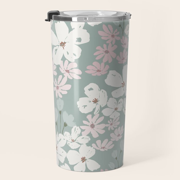 Soft meadow blooms - muted mint, dusty green, pink and beige floral pattern Travel Mug Gallery Image 3
