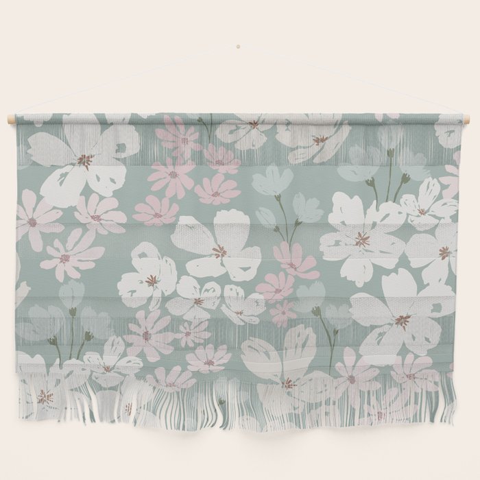 Soft meadow blooms - muted mint, dusty green, pink and beige floral pattern Wall Hanging Gallery Image 1