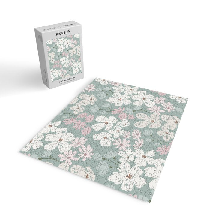 Soft meadow blooms - muted mint, dusty green, pink and beige floral pattern Jigsaw Puzzle Gallery Image 2