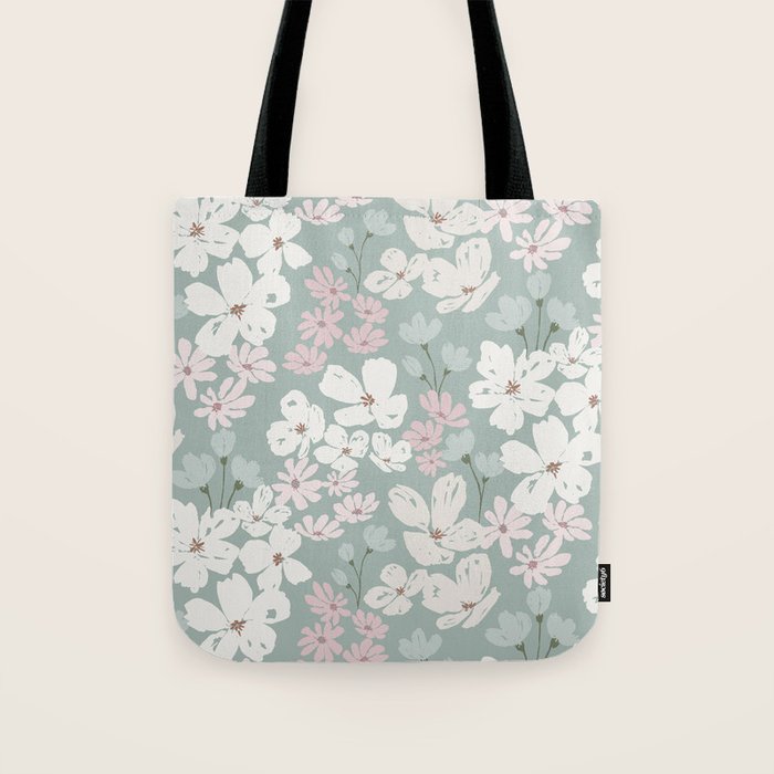 Soft meadow blooms - muted mint, dusty green, pink and beige floral pattern Tote Bag Gallery Image 1