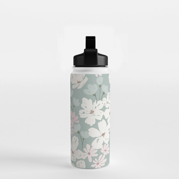 Soft meadow blooms - muted mint, dusty green, pink and beige floral pattern Water Bottle Gallery Image 2