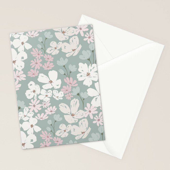 Soft meadow blooms - muted mint, dusty green, pink and beige floral pattern Stationery Card Gallery Image 2