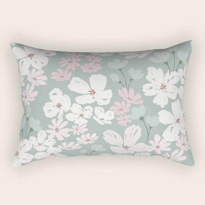 Soft meadow blooms - muted mint, dusty green, pink and beige floral pattern Rectangular Pillow Gallery Image 2