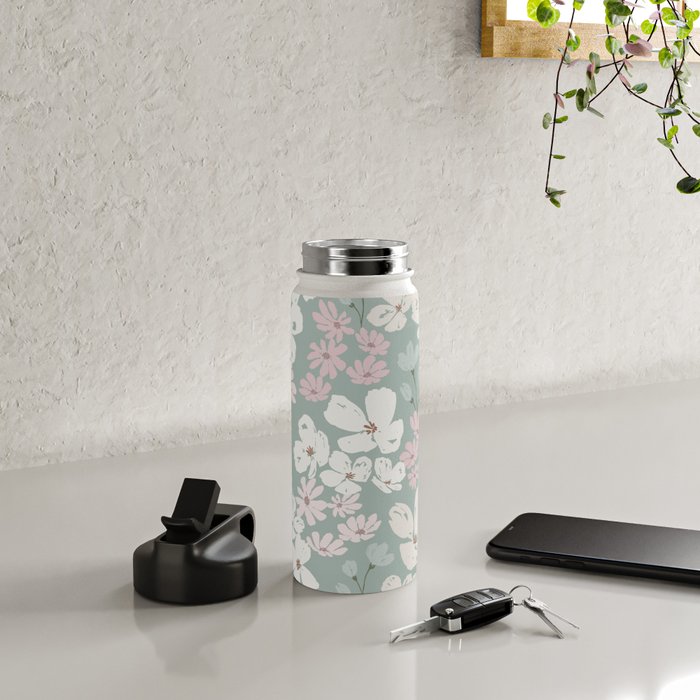 Soft meadow blooms - muted mint, dusty green, pink and beige floral pattern Water Bottle Gallery Image 4