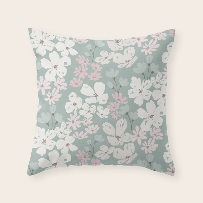 Soft meadow blooms - muted mint, dusty green, pink and beige floral pattern Throw Pillow Gallery Image 6