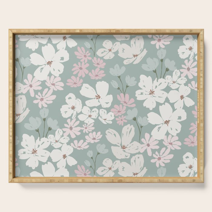 Soft meadow blooms - muted mint, dusty green, pink and beige floral pattern Serving Tray Gallery Image 1