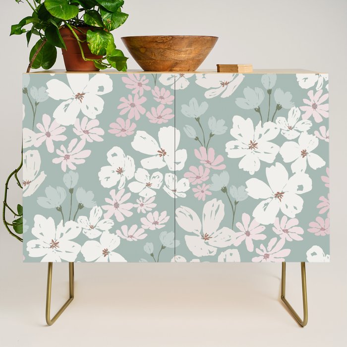 Soft meadow blooms - muted mint, dusty green, pink and beige floral pattern Credenza Gallery Image 1