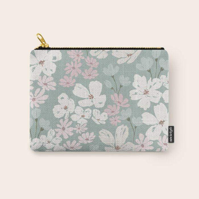 Soft meadow blooms - muted mint, dusty green, pink and beige floral pattern Carry All Pouch Gallery Image 1