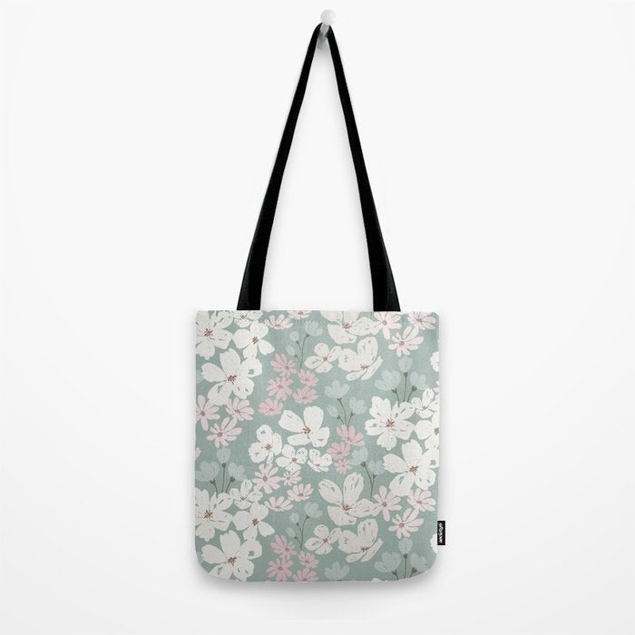 Soft meadow blooms - muted mint, dusty green, pink and beige floral pattern Tote Bag Gallery Image 2