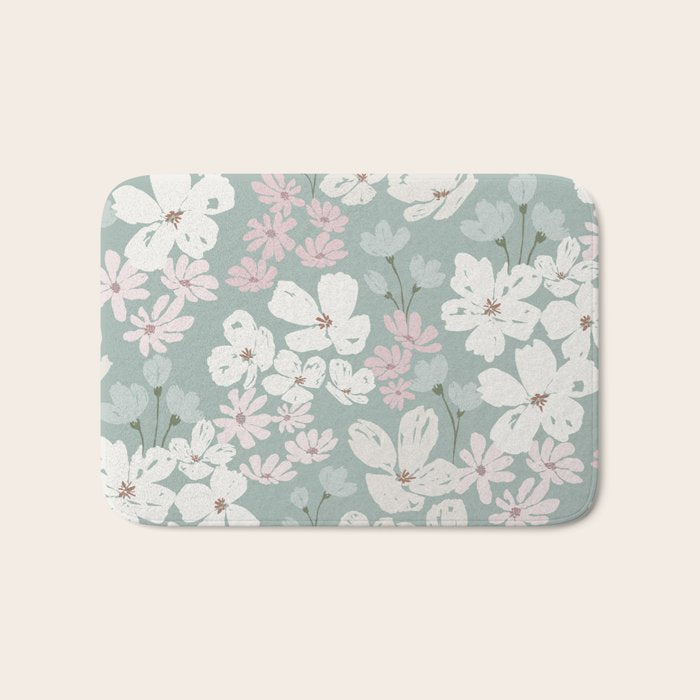 Soft meadow blooms - muted mint, dusty green, pink and beige floral pattern Bath Mat Gallery Image 1