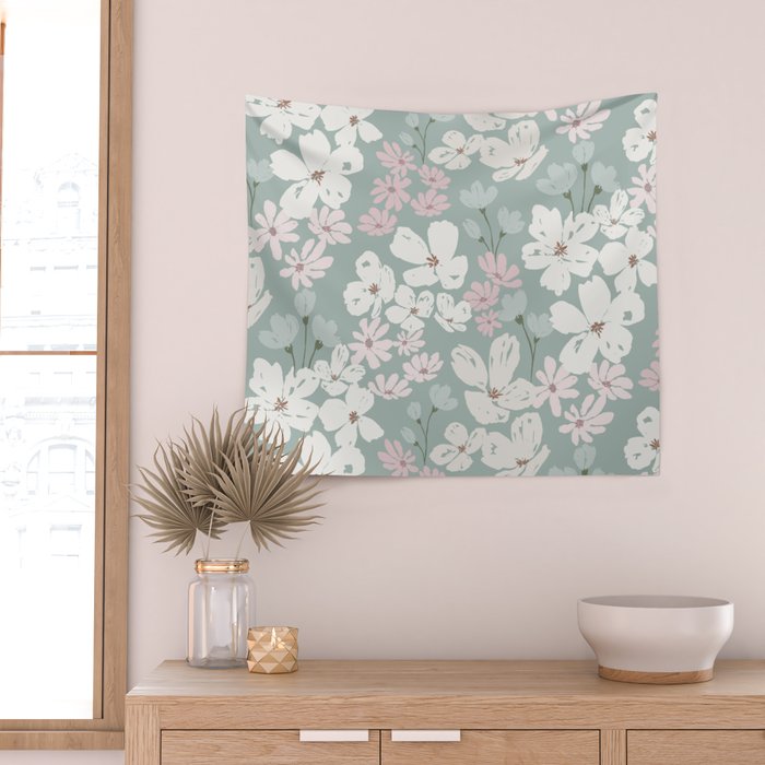 Soft meadow blooms - muted mint, dusty green, pink and beige floral pattern Wall Tapestry Gallery Image 2